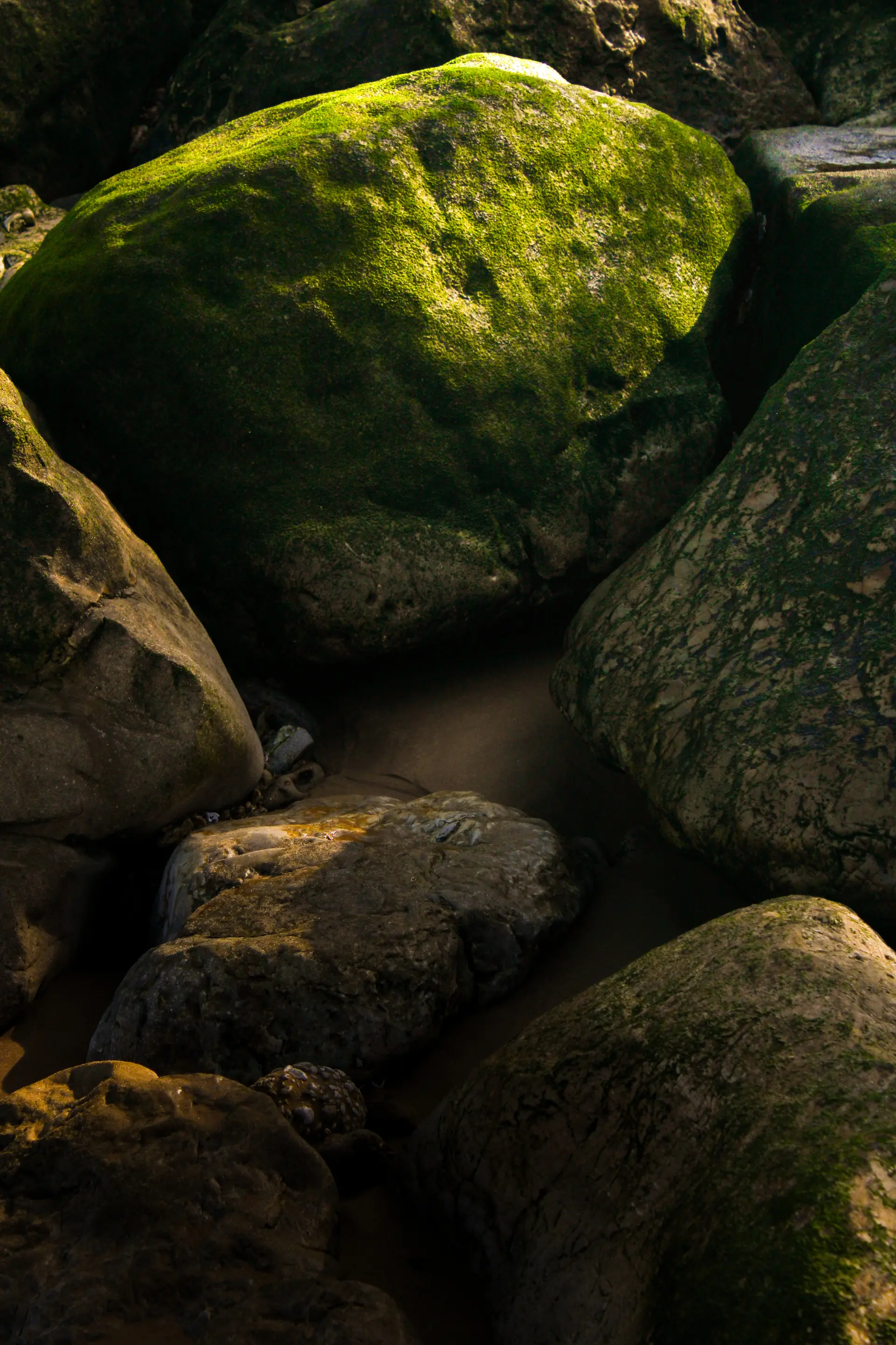 Fotografía costera tras corrección de sombras y color, mostrando la arena y las rocas con máximo detalle y viveza