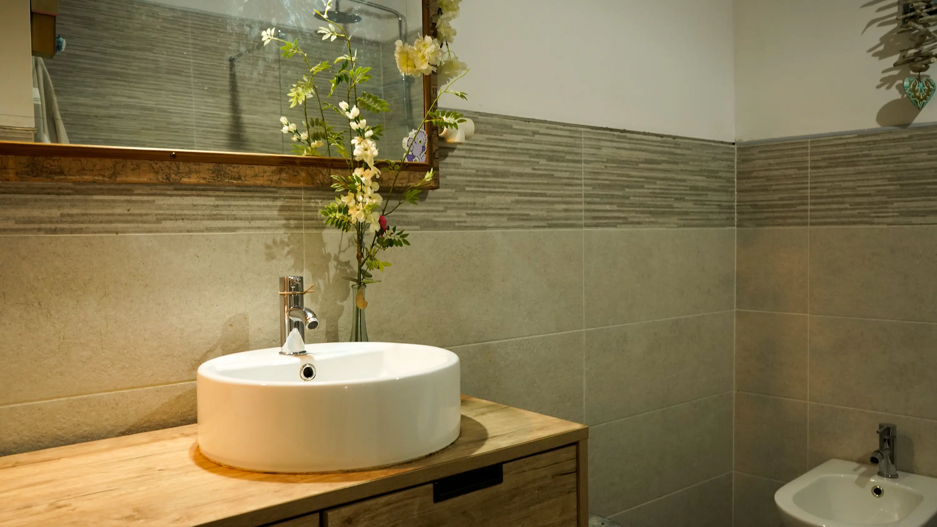 Bathroom vanity with a sink, decorative plant, mirror, and a bidet