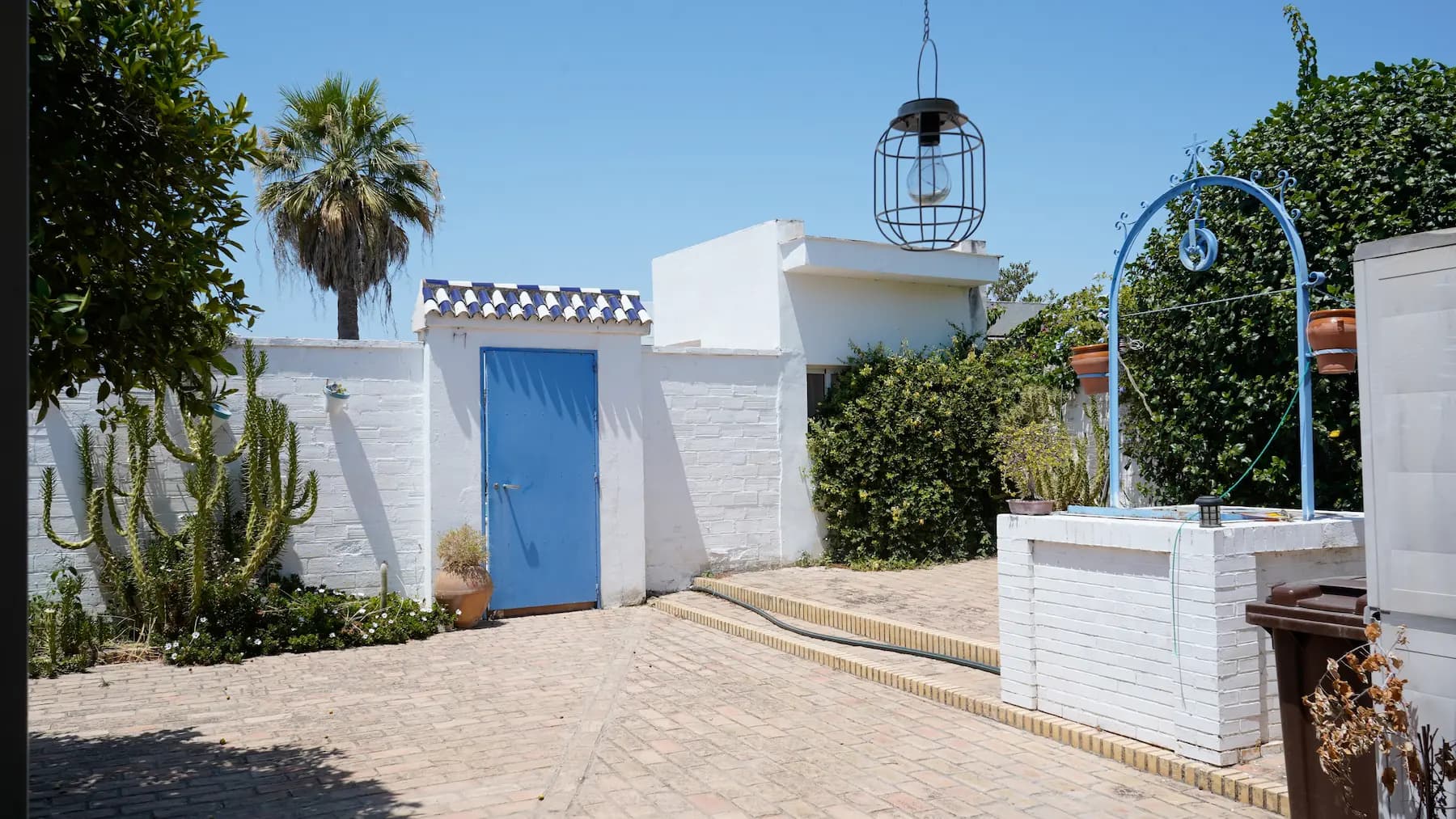 Backyard patio with a blue door, white walls, and ornamental plants
