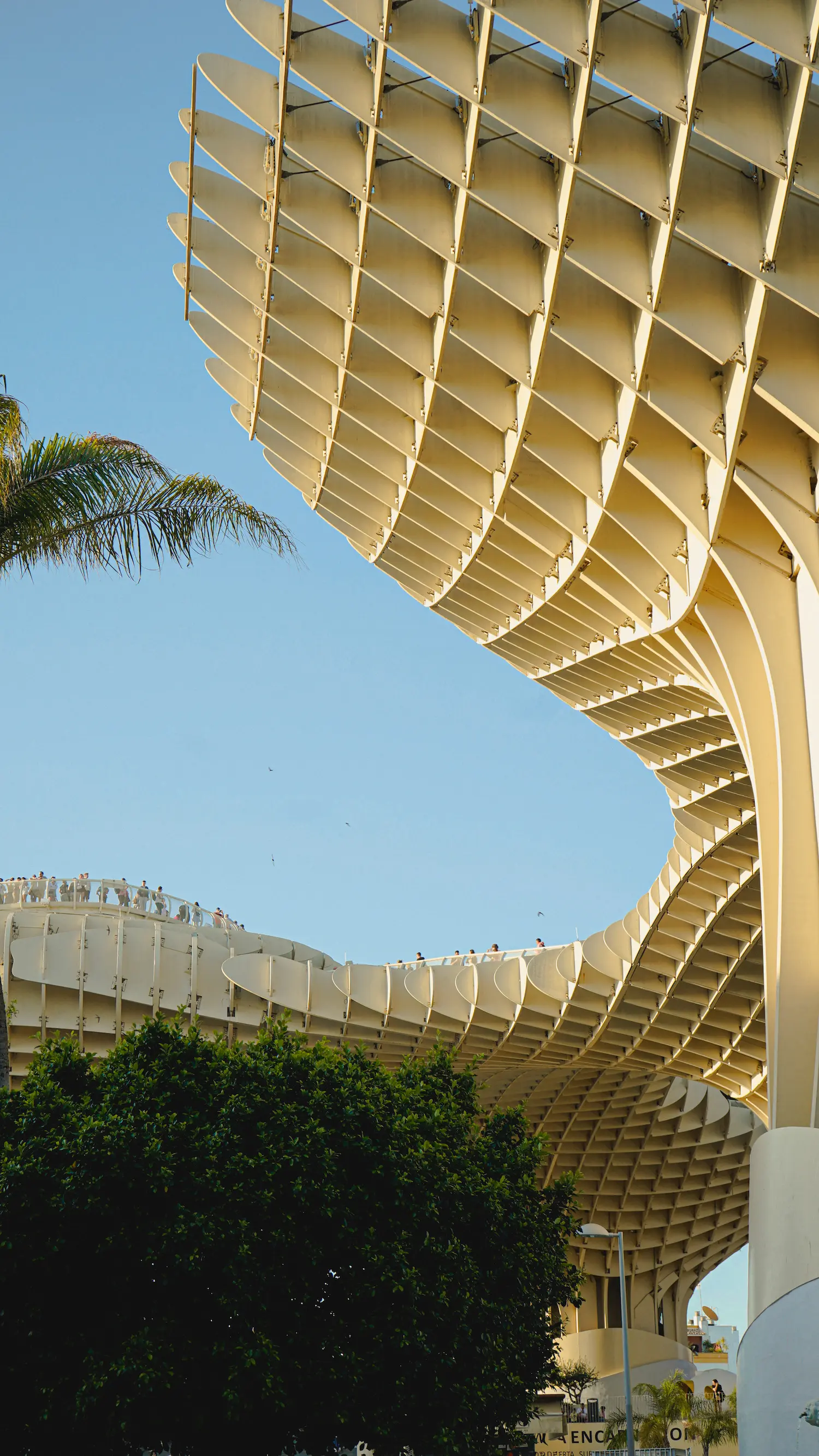 Fotografía arquitectónica del monumento Las Setas de Sevilla desde un ángulo inferior con visitantes en el mirador superior